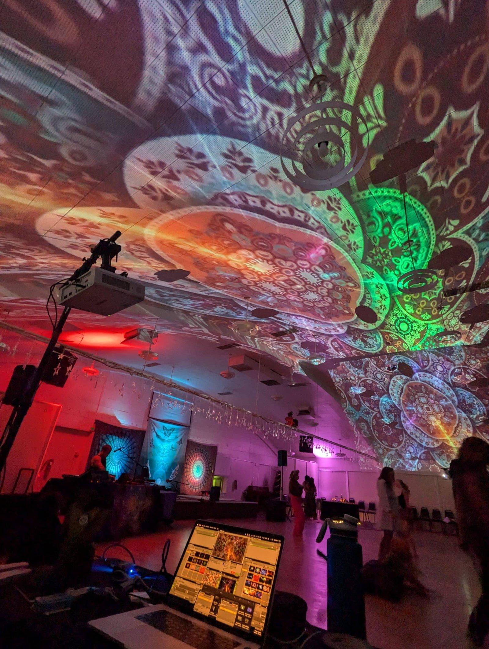 Dual ceiling projection at the Vet's Club ballroom, Coalessence NYE